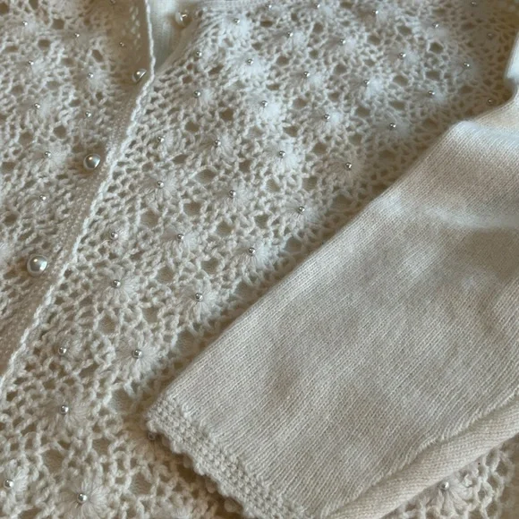 Marisa Christina Sweater Large Ivory Pearl Stud Lambswool Knit Cardigan Vintage - Picture 9 of 14